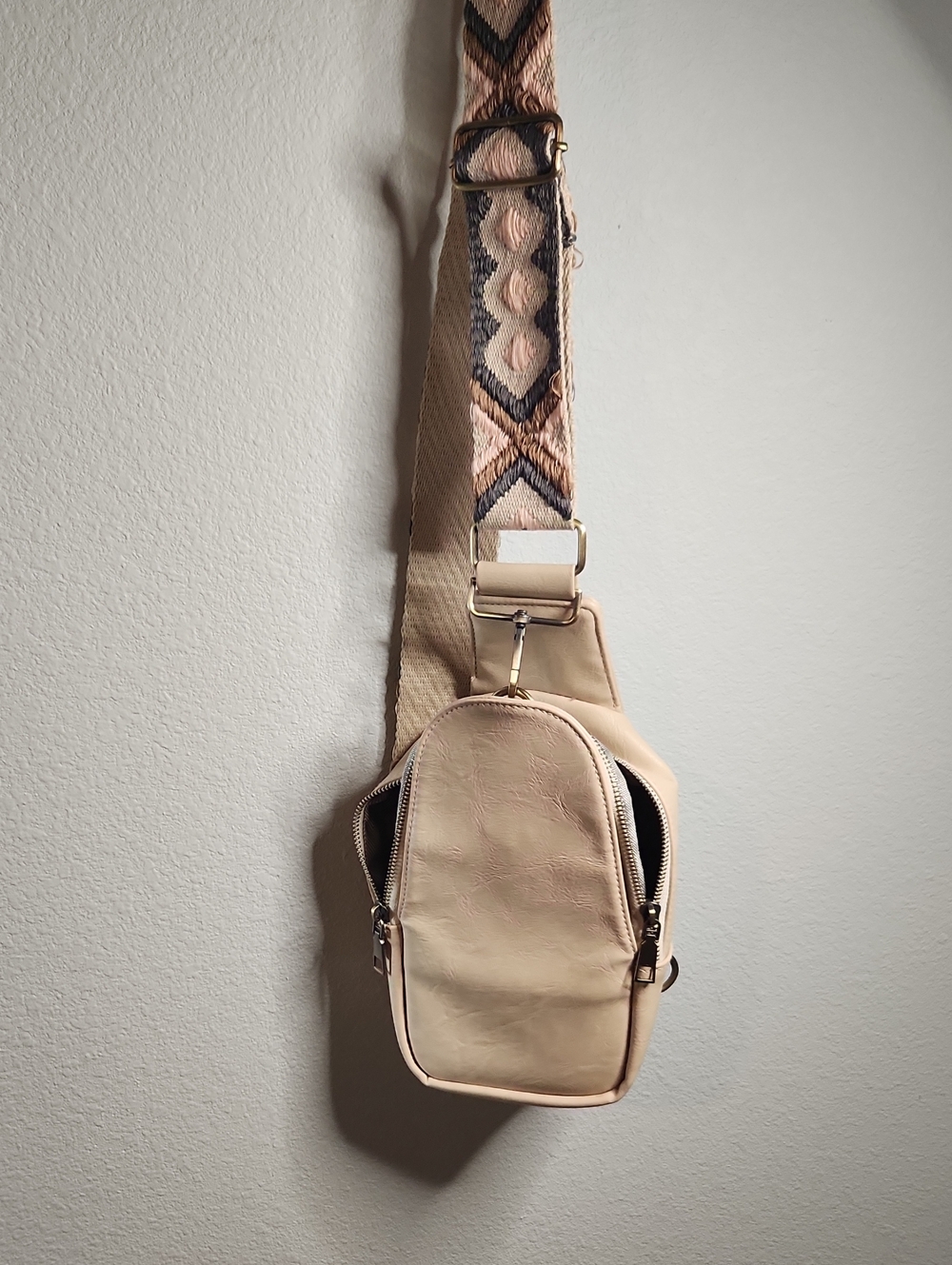 Beige Crossbody Sling Bag with Patterned Strap